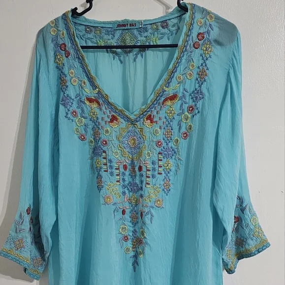 Johnny Was Vicenza Tunic Women's L Bright Turquoise Embroidered Boho Hippie Chic - Picture 2 of 10